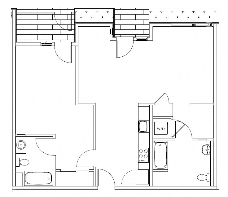 Floor plan for 1 bed, 2 baths, 916 sqft
